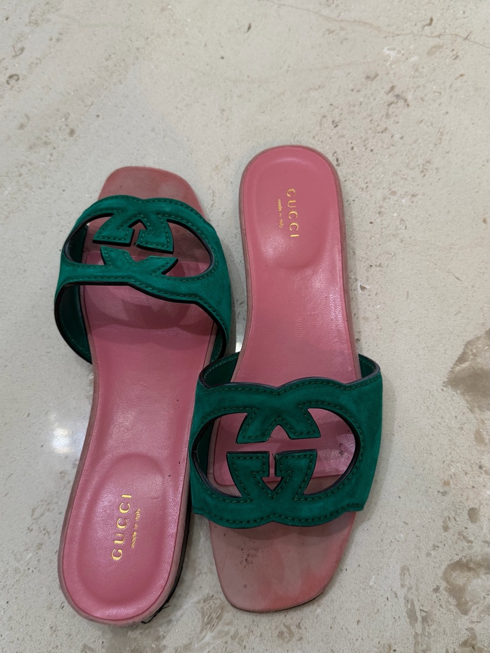 Gucci Green Suede Slide Mules with Pink Leather Insole